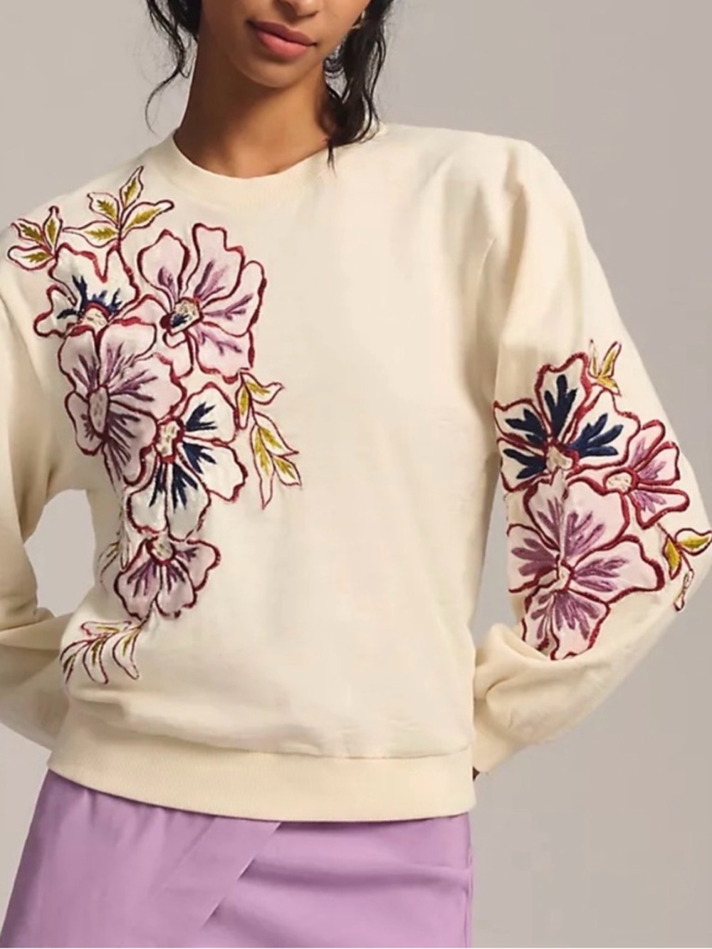 Anthropologie Cream Sweatshirt with Pink, Navy & Yellow Floral Embroidery